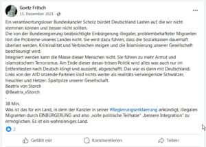 Screenshot Facebook - Fritsch zitiert von Storch